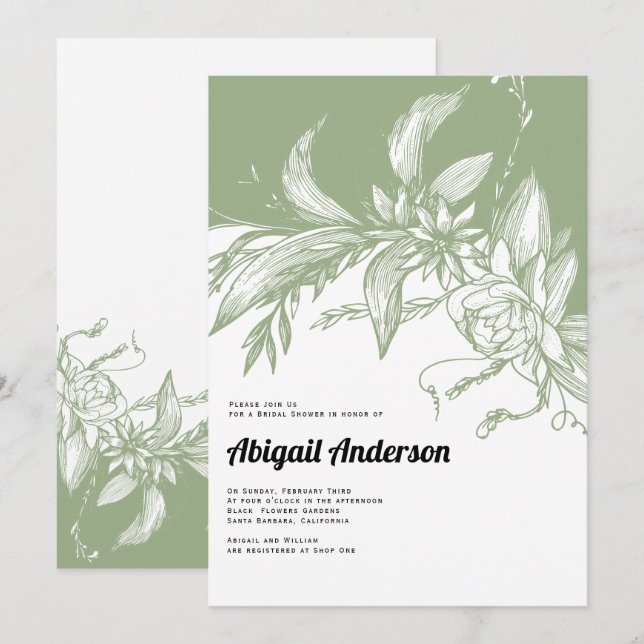 Sage green and white flowers wedding bridal shower invitation (Front/Back)