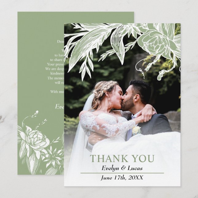 Sage green and white flowers wedding photo  thank you card (Front/Back)