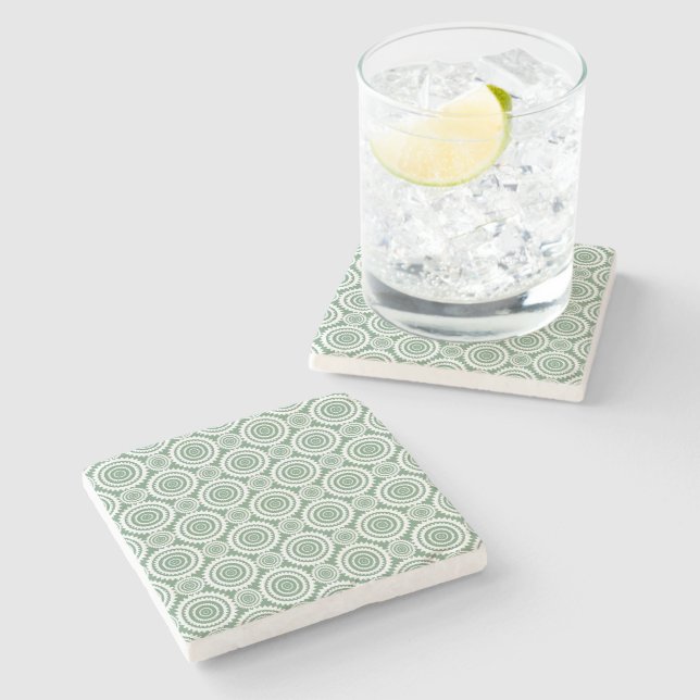 Sage Green and White Geometric Circles Pattern Stone Coaster (Side)