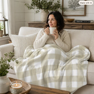 Sage Green and White Gingham Farmhouse Check Fleece Blanket