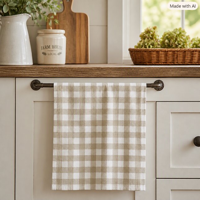 Sage Green and White Gingham Plaid Check Pattern Tea Towel (A kitchen towel with a sage green and white gingham pattern.)