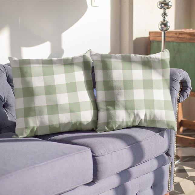 Sage Green and White Gingham Plaid Cushion (Sage Green and White Gingham Plaid Throw Pillow)