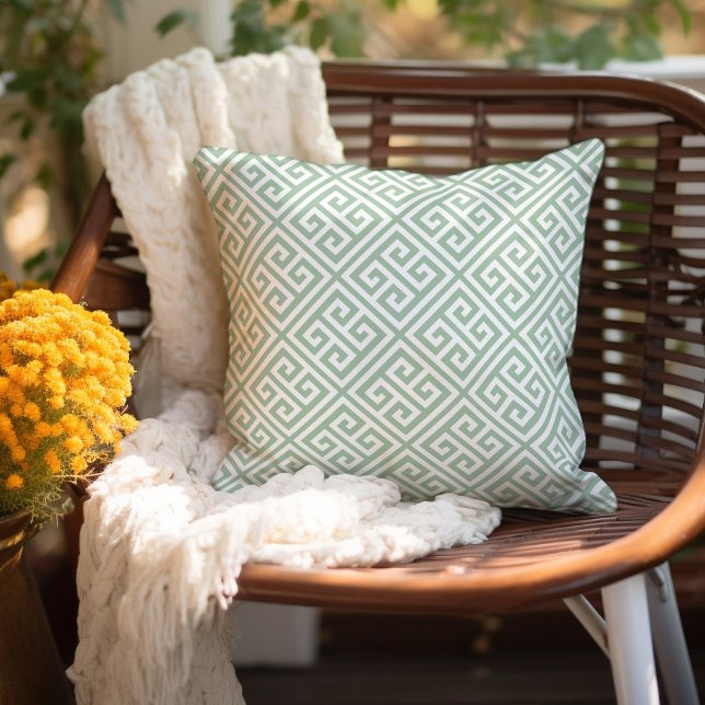 Sage Green and White Greek Key Pattern Cushion (Creator Uploaded)