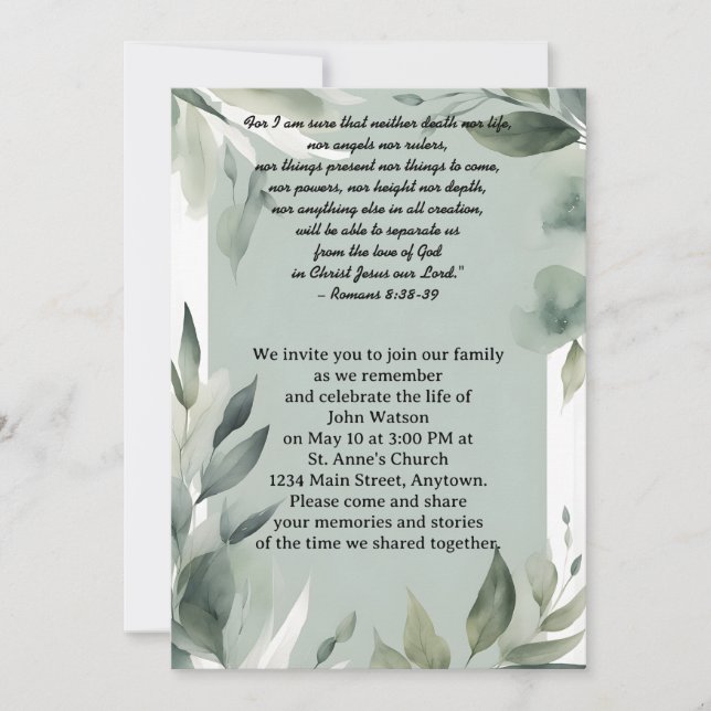 Sage Green and White Leaves Memorial Invitation (Front)