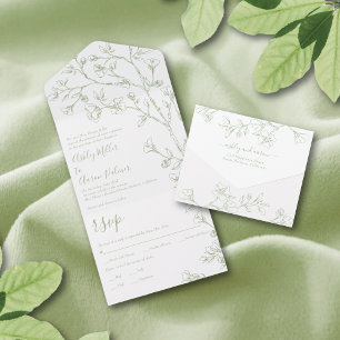 Sage green and white line art flowers wedding  all in one invitation