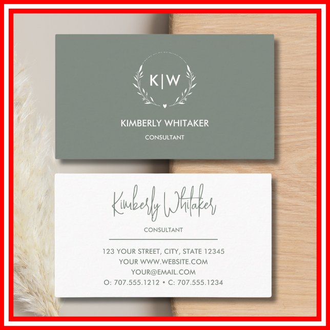 Sage Green and White | Modern Initials Monogram Business Card (Creator Uploaded)