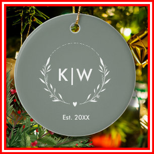 Sage Green and White   Modern Initials Monogram Ceramic Tree Decoration