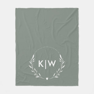 Sage Green  and White   Modern Initials Monogram Fleece Blanket