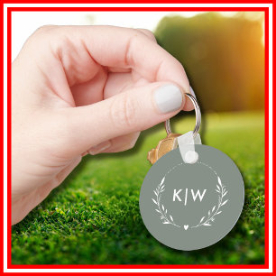 Sage Green and White   Modern Initials Monogram Key Ring