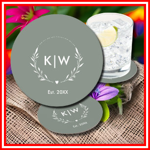 Sage Green and White   Modern Initials Monogram Round Paper Coaster