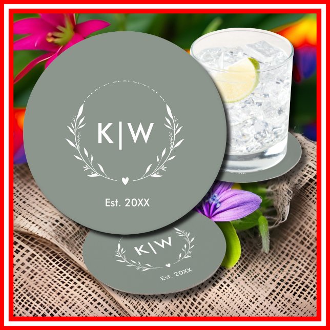 Sage Green and White | Modern Initials Monogram Round Paper Coaster (Creator Uploaded)