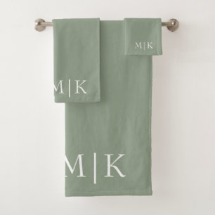 Sage Green and White Modern Monogram Bath Towel Set