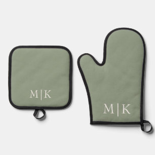 Sage Green and White   Modern Monogram Oven Mitt & Pot Holder Set