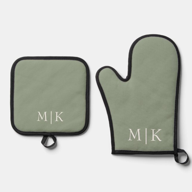 Sage Green and White | Modern Monogram Oven Mitt & Pot Holder Set (Front)