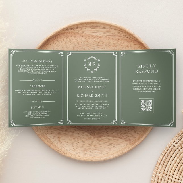 Sage Green and White Monogram QR Code Wedding Tri-Fold Invitation (Creator Uploaded)