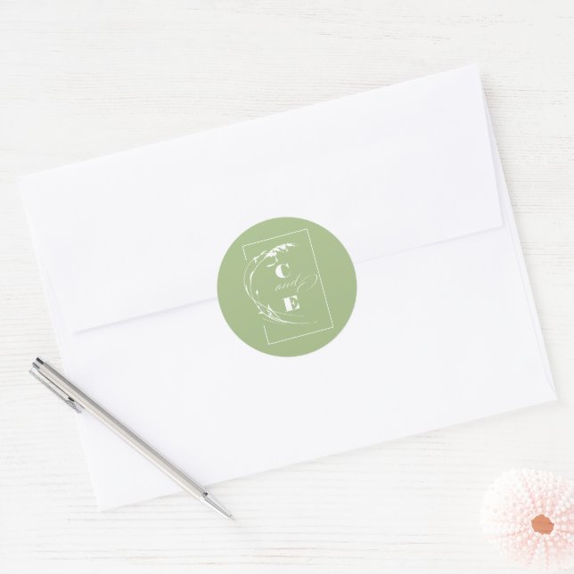 Sage Green and White Monogram Wedding Classic Round Sticker (Envelope)