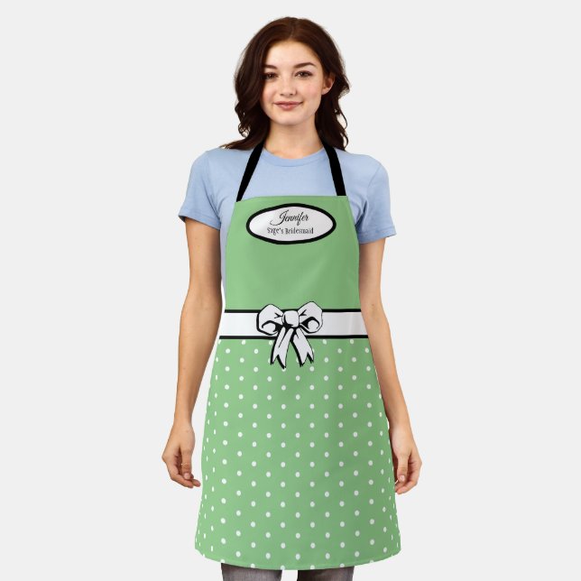 Sage Green and White Polka Dots, Bow Personalised Apron (Worn)