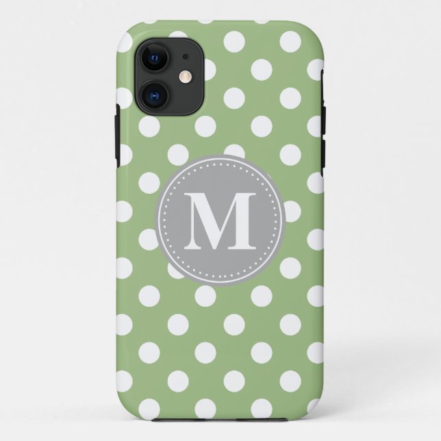Sage Green and White Polka Dots Grey Monogram Case-Mate iPhone Case (Back)