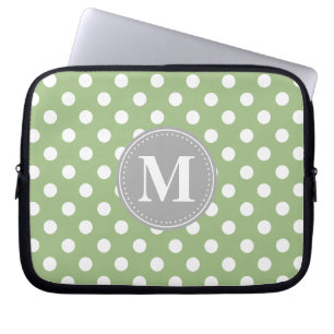 Sage Green and White Polka Dots Grey Monogram Laptop Sleeve