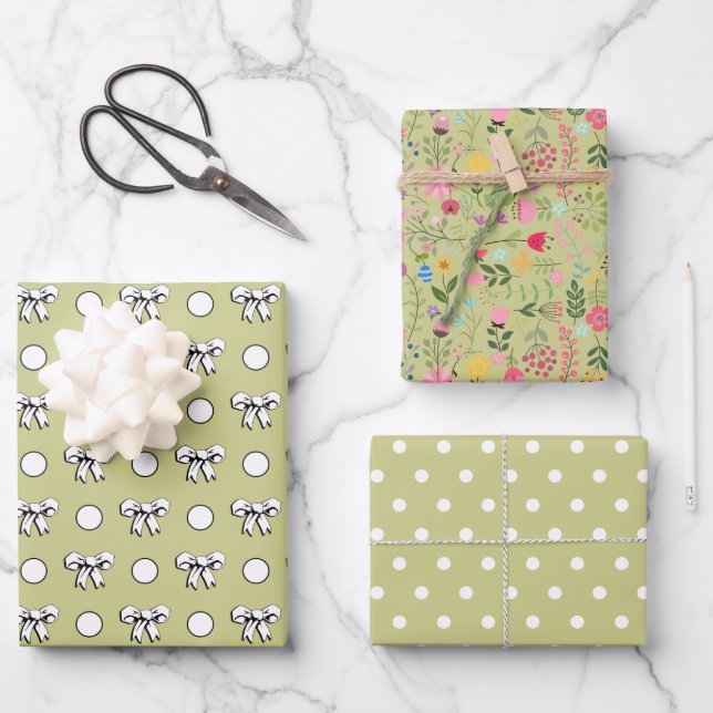 Sage Green and White Polka Dots Wildflowers Wrapping Paper Sheet (Front)
