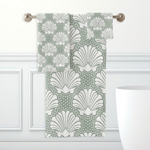 Sage Green and White Seashell Coastal  Bath Towel Set