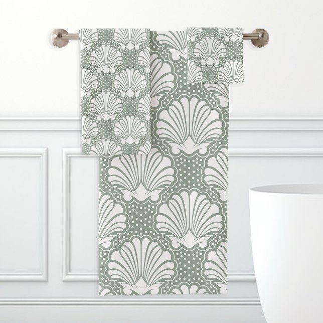 Sage Green and White Seashell Coastal  Bath Towel Set (Creator Uploaded)