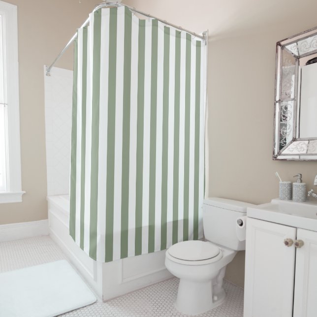 Sage Green and White Simple Striped  Shower Curtain (In Situ)