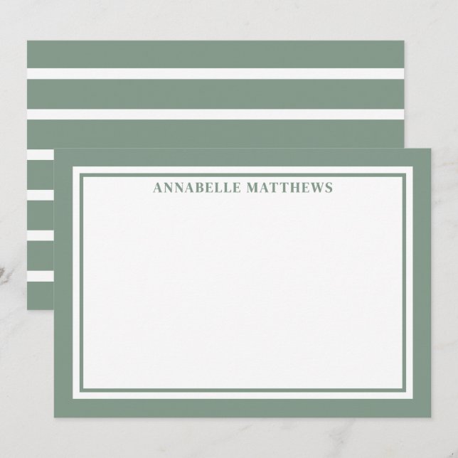 Sage Green And White Striped Monogram Card (Front/Back)