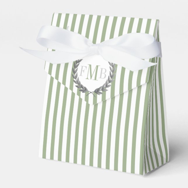 Sage green and white stripes monogram wedding favour box (Front Side)