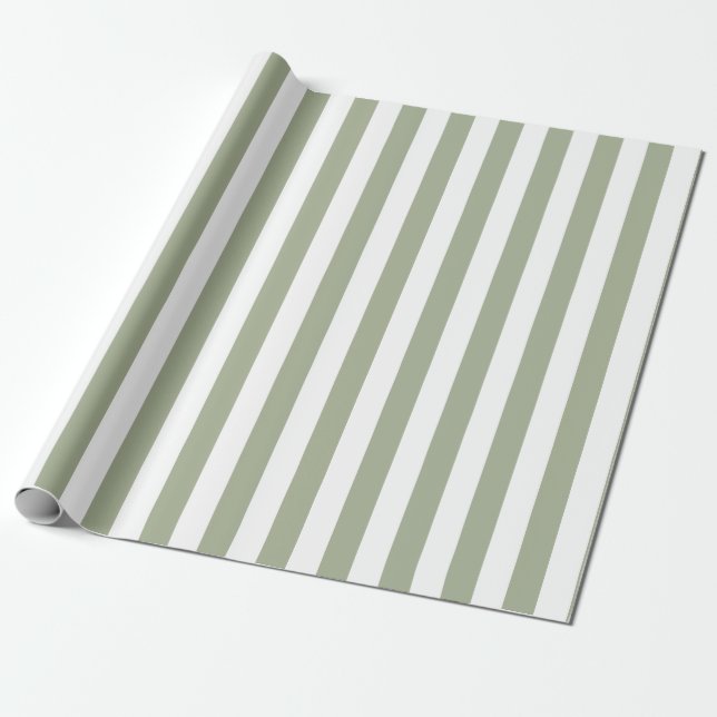 Sage Green and White Vertical Stripes Wrapping Paper (Unrolled)