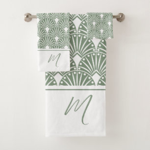 Sage-Green and White Vintage Art Deco Pattern Bath Towel Set