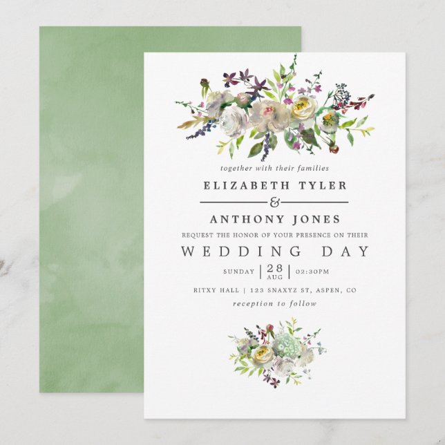 Sage Green and White Watercolor Floral Wedding Invitation (Front/Back)