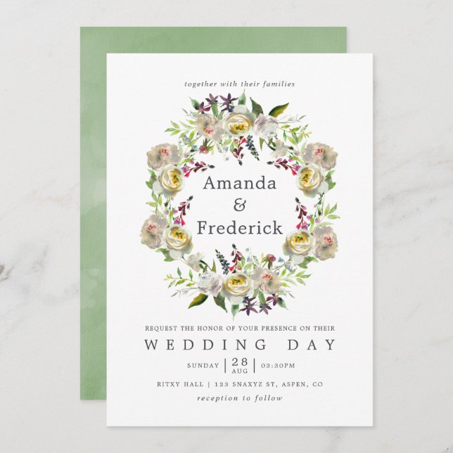 Sage Green and White Watercolor Floral Wedding Invitation (Front/Back)