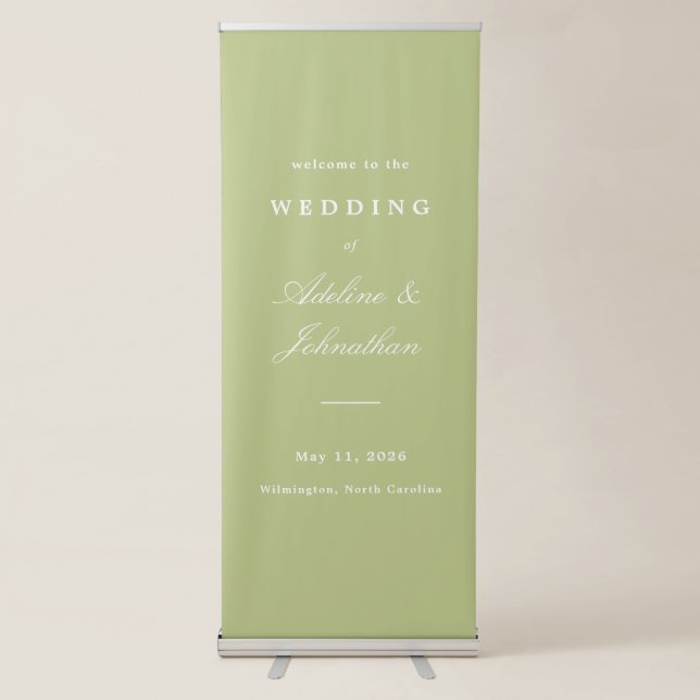 Sage Green and White Wedding Welcome Retractable Banner (Front)