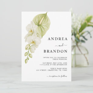 Sage Green Anthurium Floral Wedding All in One Invitation