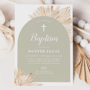 Sage Green Arch Boho Floral Boys Baptism Invitation
