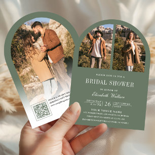 Sage Green Arch Photo QR Code Bridal Shower Invitation