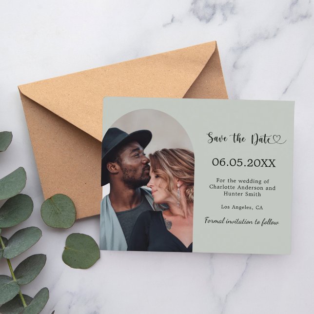 Sage green arch photo wedding Save the Date card (Creator Uploaded)