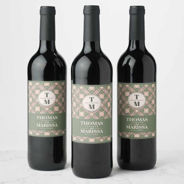 Sage Green Art Deco Wedding Wine Bottle Label (Bottles)