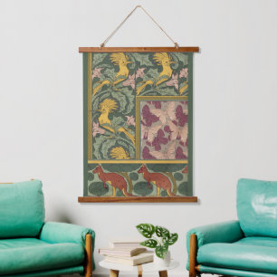Sage Green Art Nouveau Hoopoe Butterfly Art Hanging Tapestry