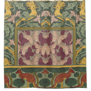 Sage Green Art Nouveau Hoopoe Butterfly Art Shower Curtain