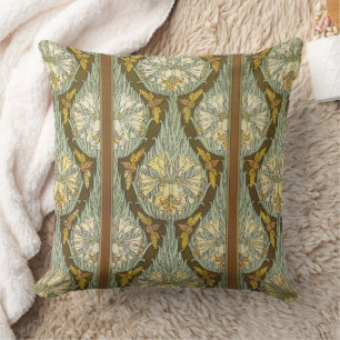 Sage Green Art Nouveau Lily Insect Pattern Cushion