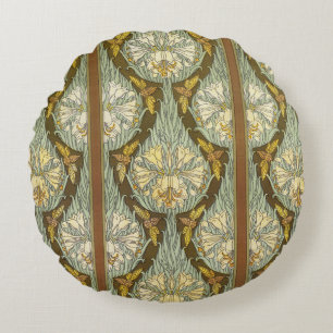 Sage Green Art Nouveau Lily Insect Pattern Round Cushion