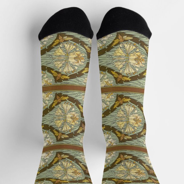 Sage Green Art Nouveau Lily Insect Pattern Socks (Top)