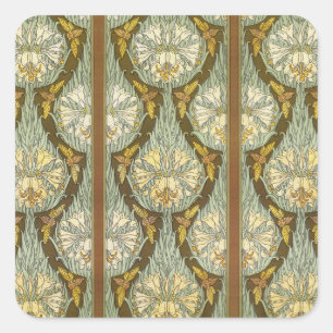 Sage Green Art Nouveau Lily Insect Pattern Square Sticker