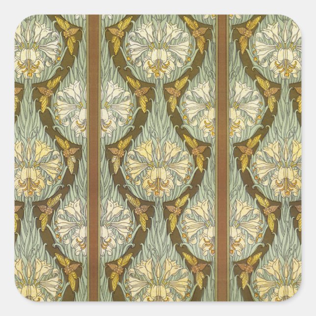 Sage Green Art Nouveau Lily Insect Pattern Square Sticker (Front)