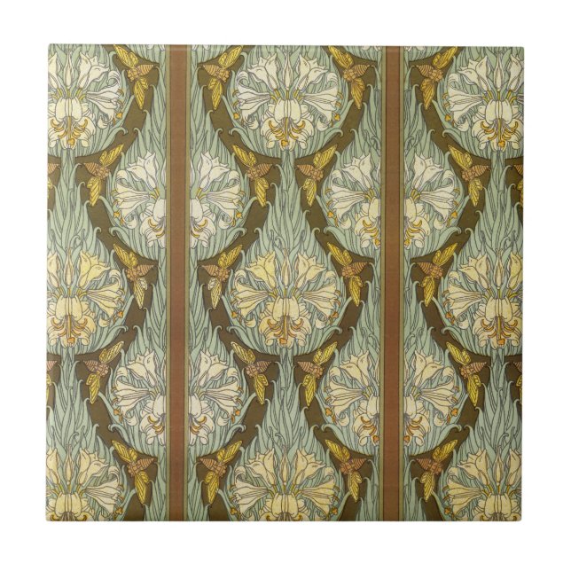 Sage Green Art Nouveau Lily Insect Pattern Tile (Front)