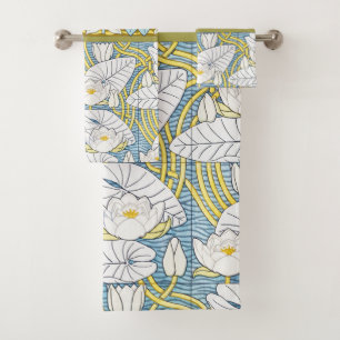 Sage Green Art Nouveau Water Lily Pattern Bath Towel Set