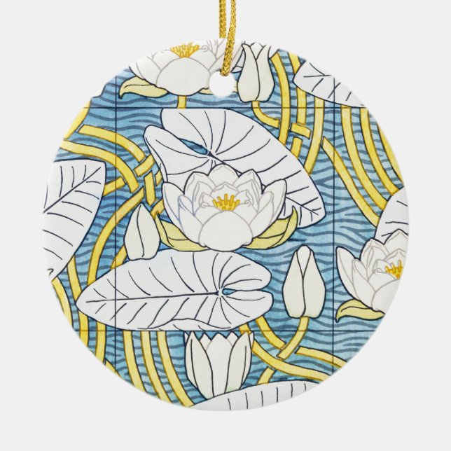 Sage Green Art Nouveau Water Lily Pattern Ceramic Tree Decoration (Front)