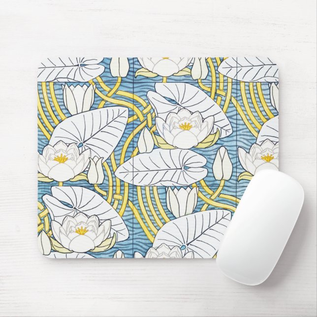 Sage Green Art Nouveau Water Lily Pattern Mouse Mat (With Mouse)